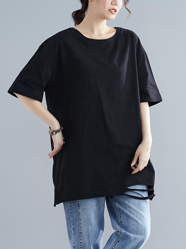 Loose Solid Hole Round Neck T-Shirt