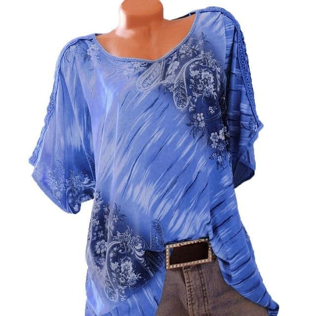 5XL Plus Size Women Summer Short Sleeve V Neck Floral Print Loose Blouses Tops-Corachic