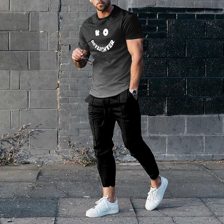 BrosWear Gray And Black Leisure T-Shirt And Pants Two Piece Set