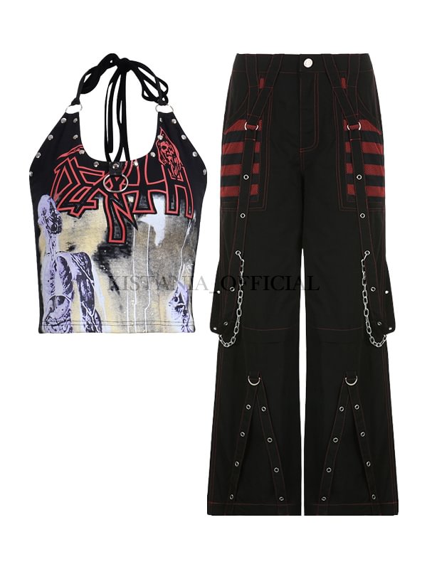 Gothic Graphic Printed Rivets Halter Crop Top + Chain-trimmed Mesh Paneled Streamers Loose Pants 2-piece Sets