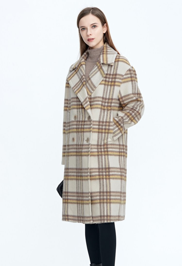 SDEER Fashion Lapel Double-breasted Plaid Mid-length Woolen Coat