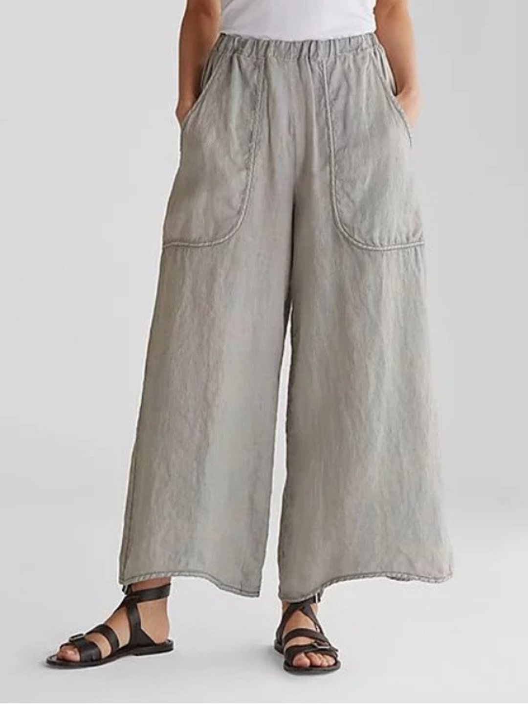 Pocketed Cotton Linen Pants Wide-Legged Mid-Waist Casual Pants