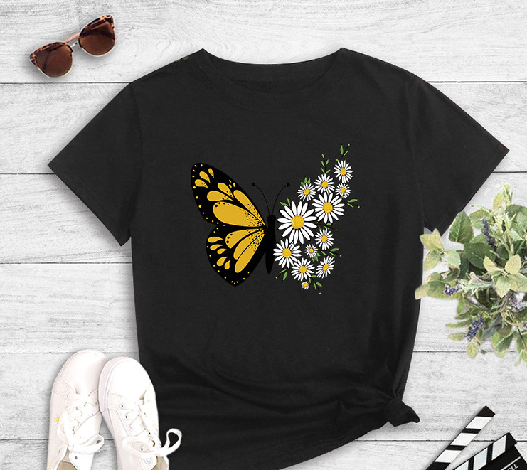 Women's Butterfly Daisy Print Casual Short Sleeve T-shirt