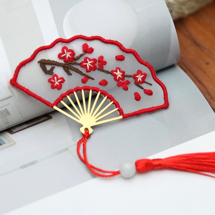 Red Plum Blossom - Fan Shaped Bookmark Embroidery - Cross Stitch
