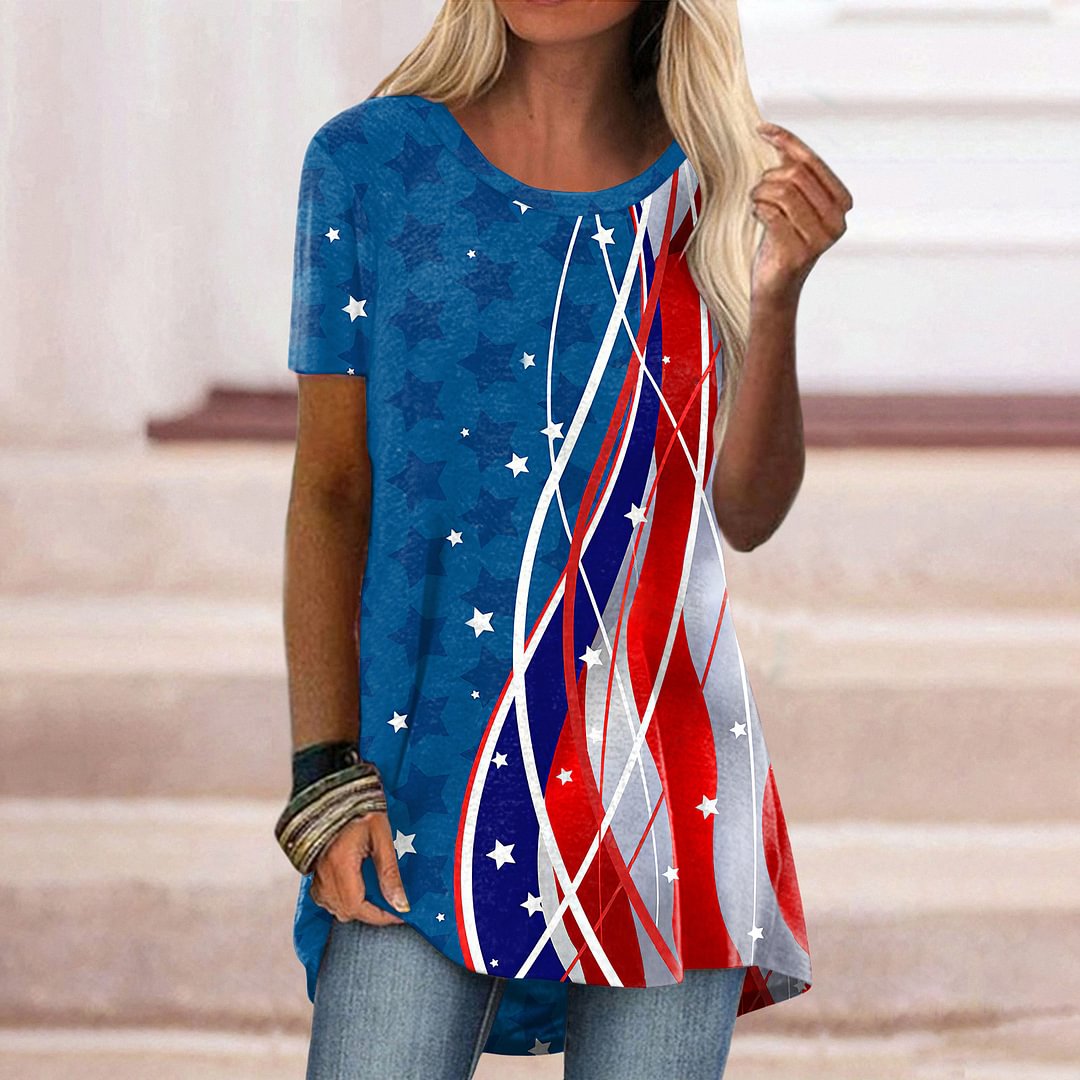 American Flag Print Colorblock Casual T-Shirt