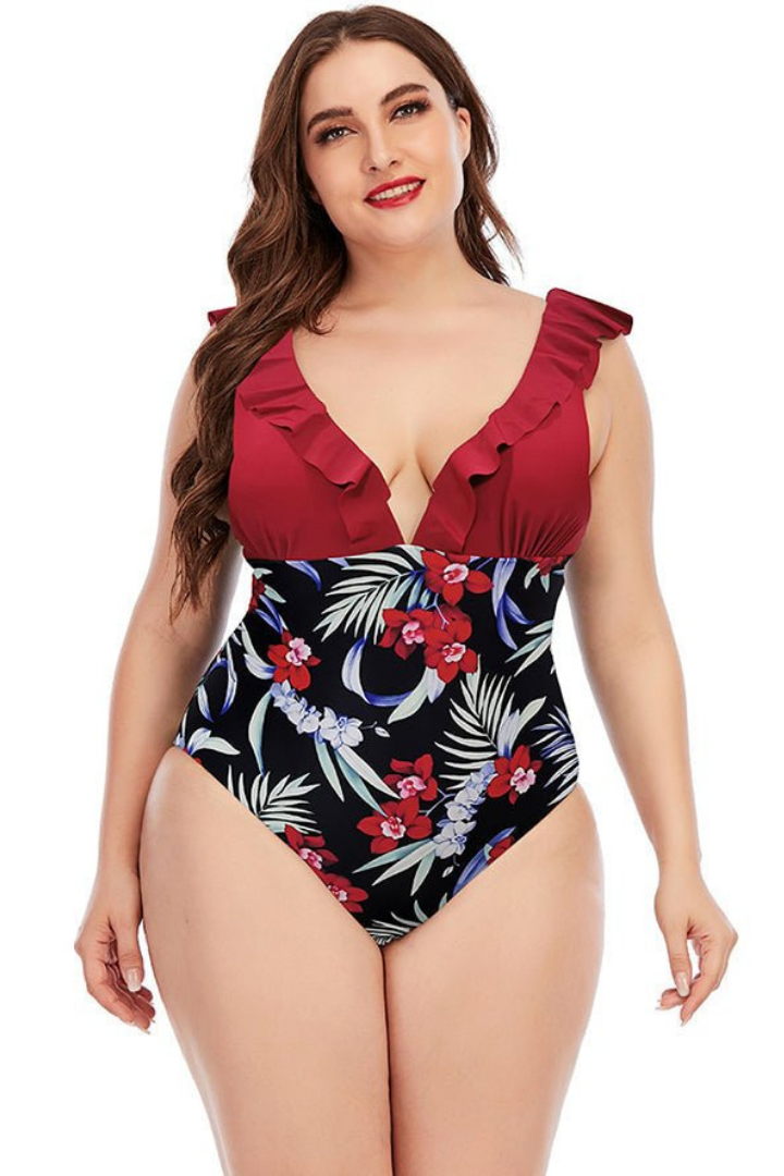 Plus Size Burgundy V-Neck Ruffle One-Piece Swimsuit