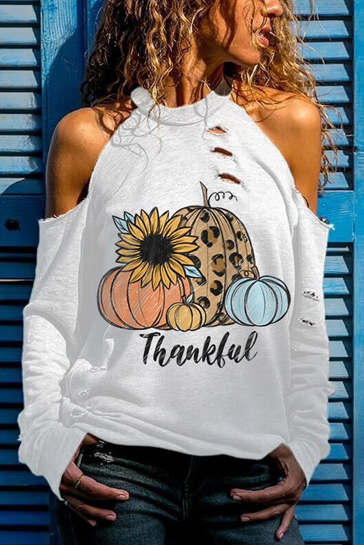 Women's Sweatshirts Pumpkin Print Cold Shoulder Sweatshirt-Mayoulove