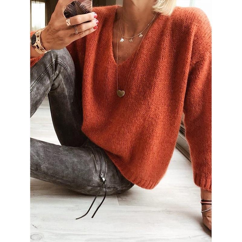 Casual V-Neck Plain Sweater-Corachic