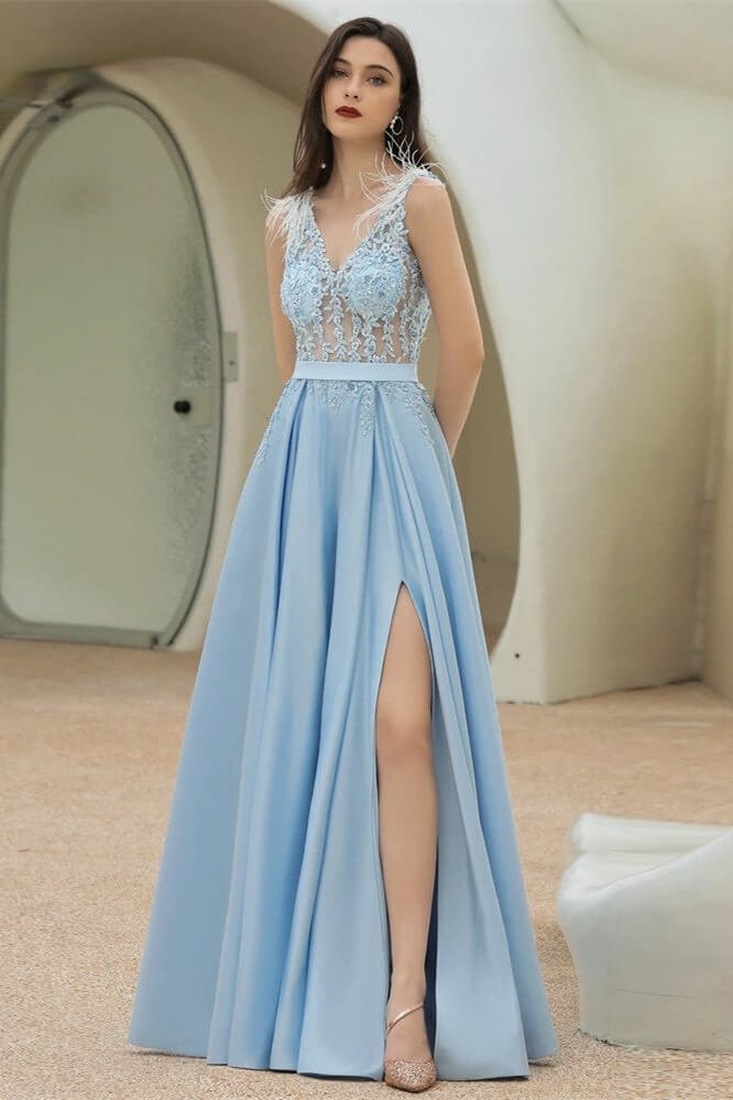 Luluslly Sky Blue Sleeveless V-Neck Prom Dress Long With Lace Appliques Split