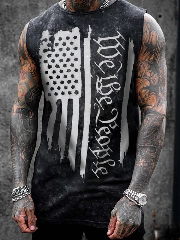 American Flag Printed O-Neck Men's Tank Casual Sleeveless Tops-VESSFUL