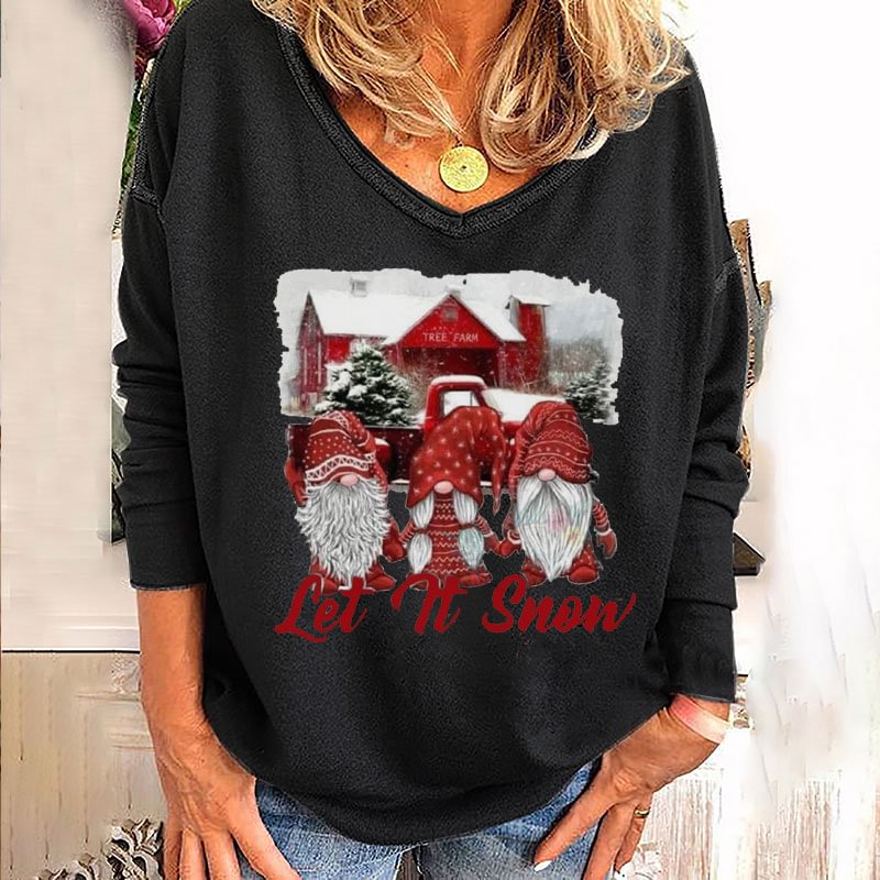 Let It Snow Three Dwarfs In Christmas Style Cute Printed Women V-neck T-shirt