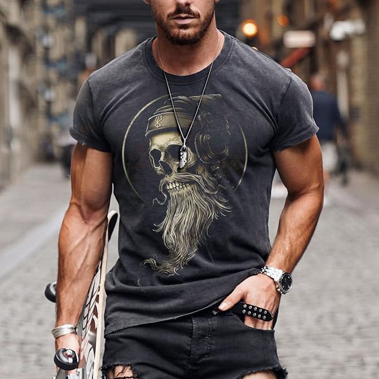 BrosWear Men's Casual Stretch Skull Short Sleeve T-Shirt