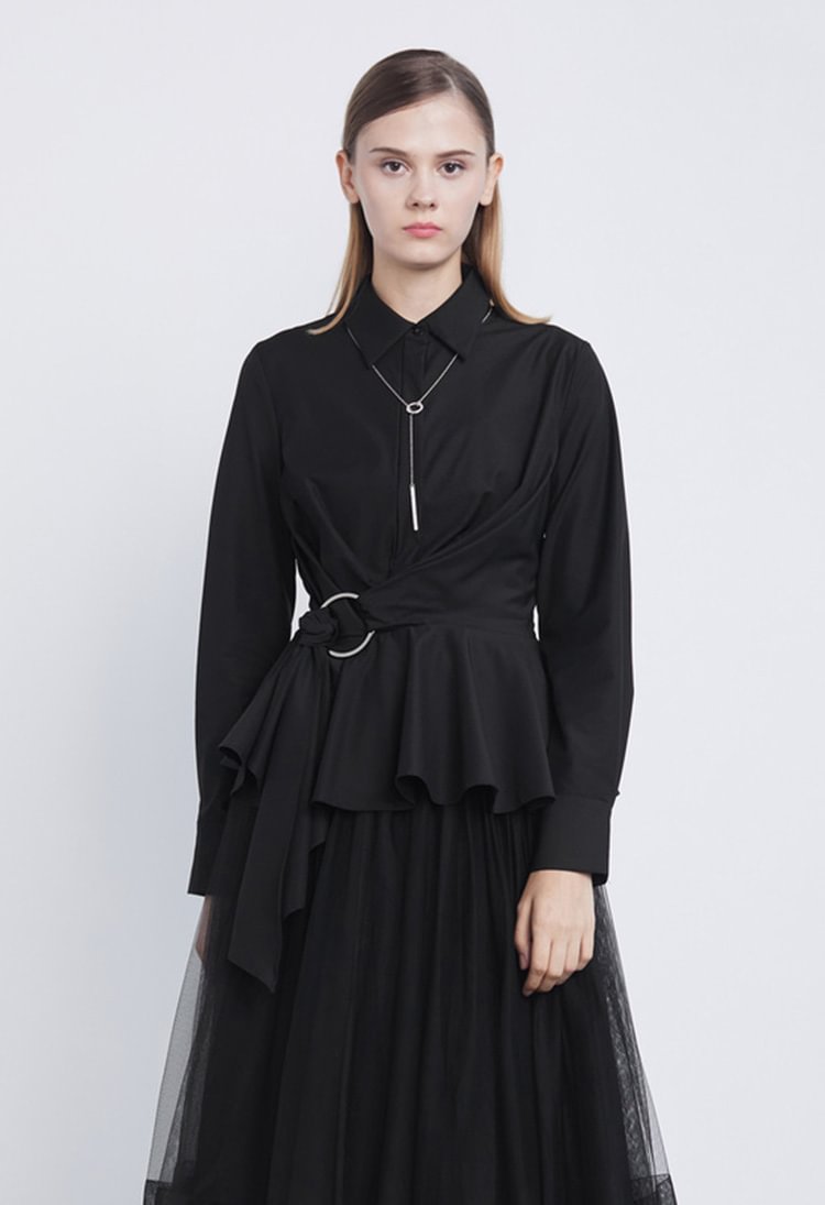 SDEER Casual Lapel Waist Irregular Long-sleeved Black Shirt