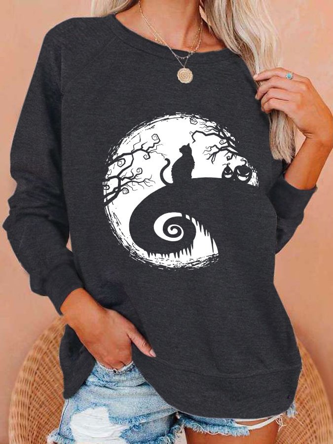 Women's Casual Halloween Witch Cat Printed Sweatshirt