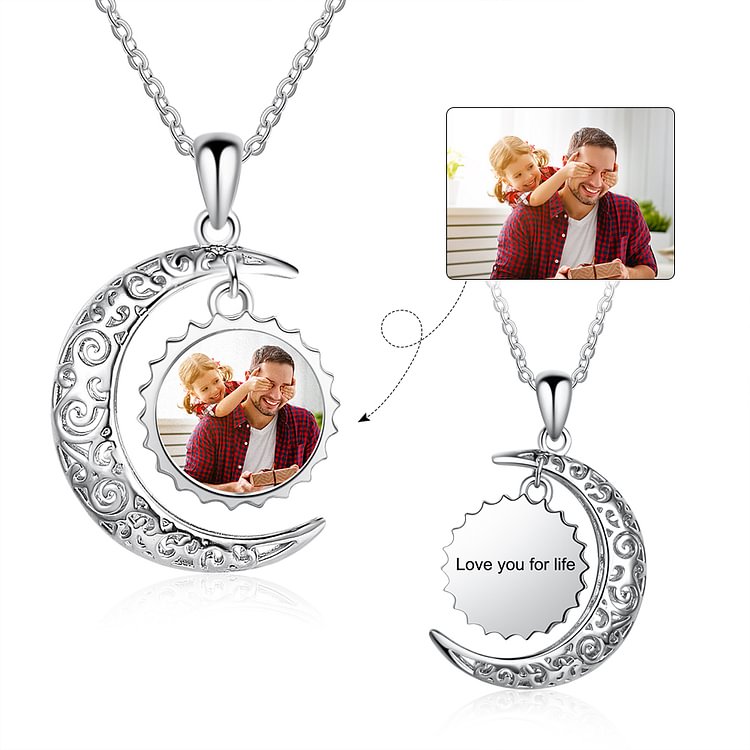 Silver Crescent Moon Personalized Necklace with Picture and Text