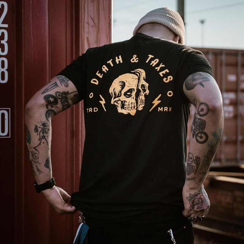 UPRANDY Death & Taxes skull printed men's classic T-shirt -  UPRANDY