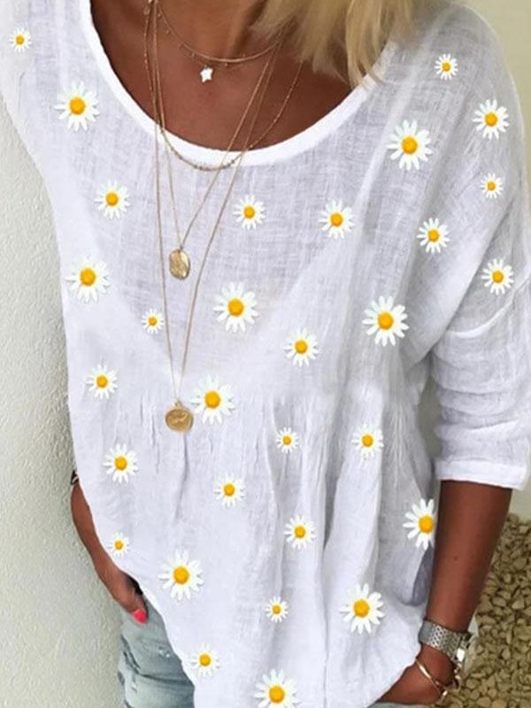 3/4 Sleeves Daisy Print Casual Crew Neck Blouse