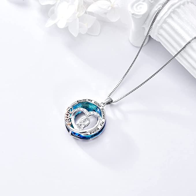 For Sister - S925 Always My Sister Forever My Friend Sterling Silver Heart Crystal Pendant Necklace