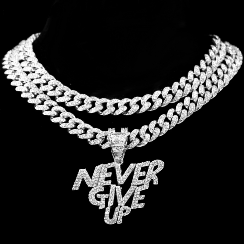 NEVER GIVE UP Letter Pendant Iced Out Bling Cuban Chain Necklaces-VESSFUL