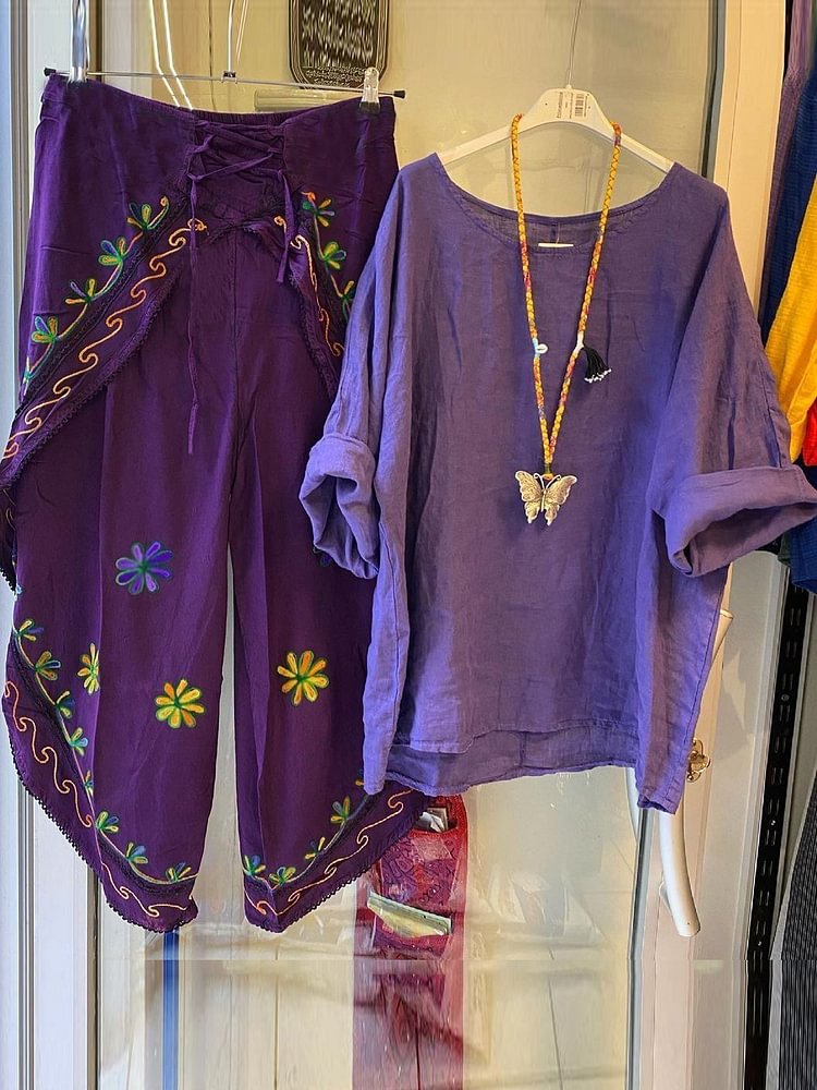 Purple Crew Neck Vintage Cotton-Blend Short Sleeve Suits-Mayoulove
