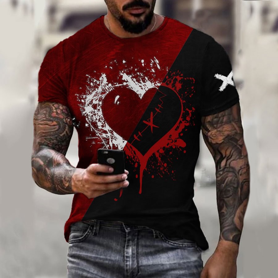 Men's red heart print casual T-shirt / [viawink] /