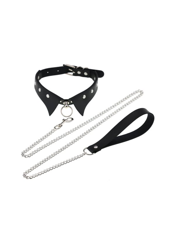 Basic Solid Color Rivets Shirt Collar Shaped Choker with Detachable Chain