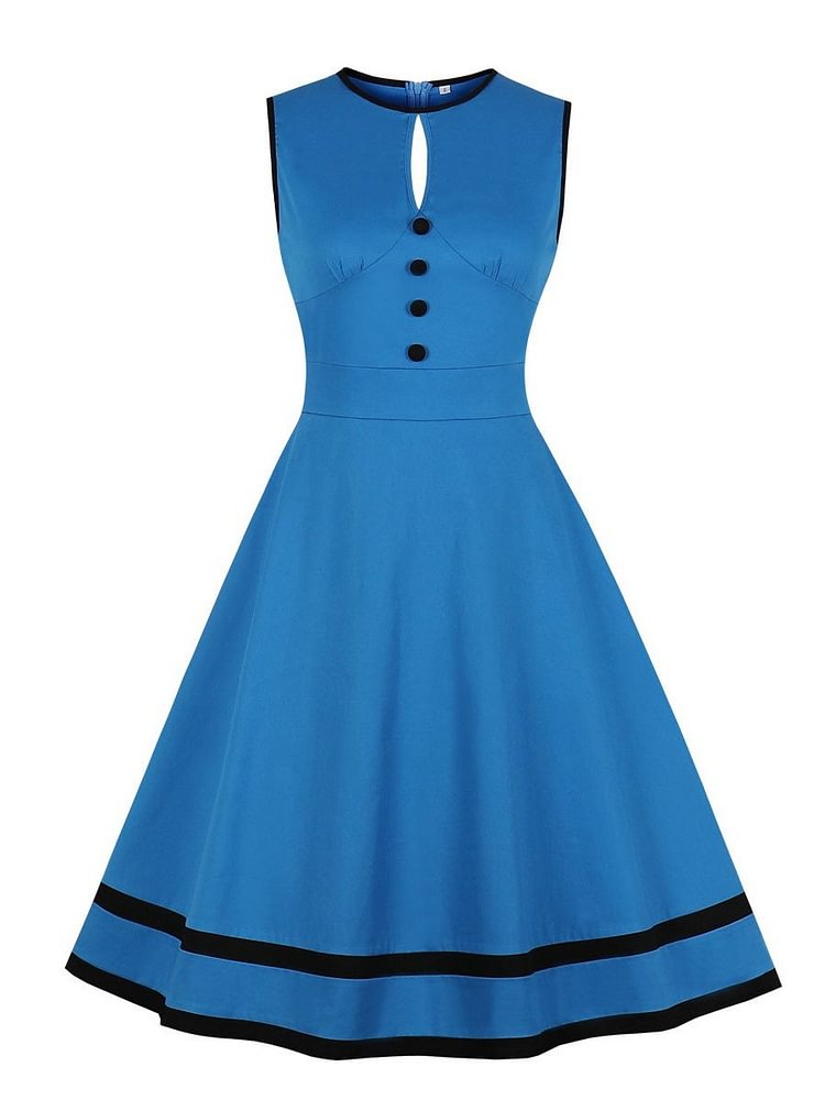 Mayoulove Audrey Hepburn Dress Sleeveless O-Neck Button Hollow Out Stripe Swing Dresses-Mayoulove