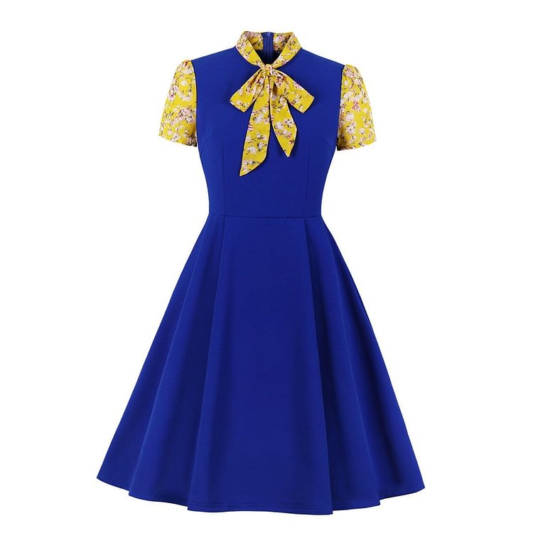 Mayoulove Women's Vintage Swing Dress Bow Contrast Stitching Elegant Dress-Mayoulove