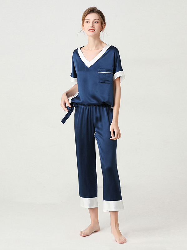 Pyjama en soie chic style T-shirt à col V Bleu 1
