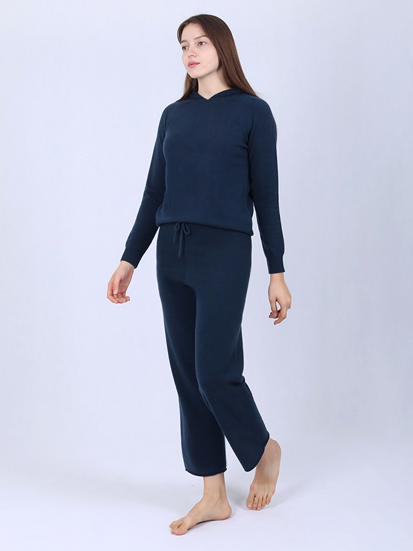 Casual Loose Hooded Cashmere Tracksuit For Women-Blue-Real Silk Life