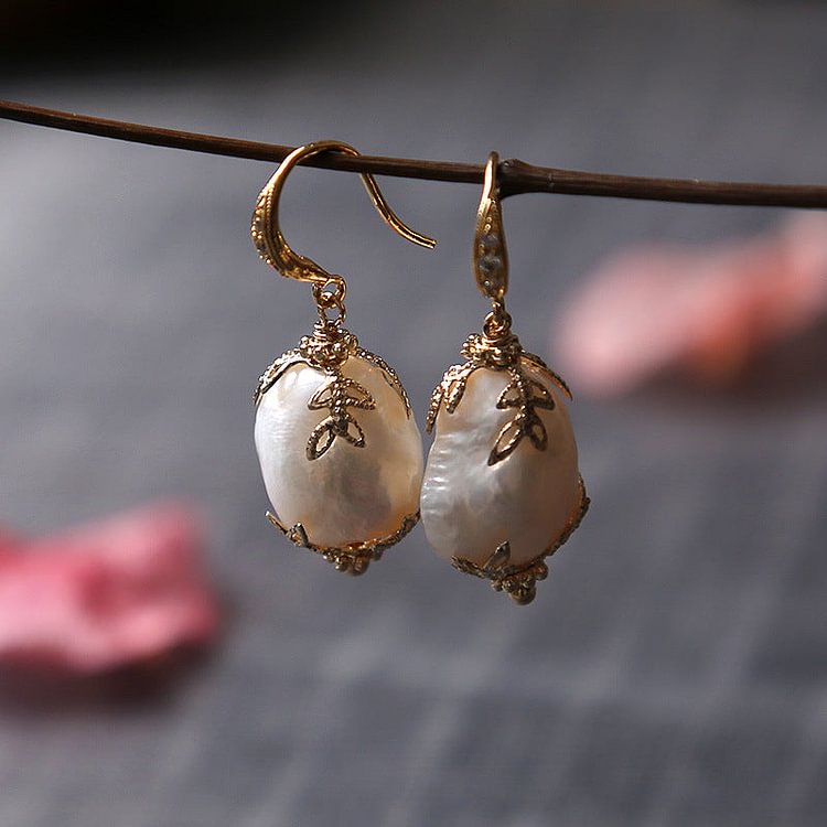 Vintage Leaf Handmade Baroque Pearl Earrings