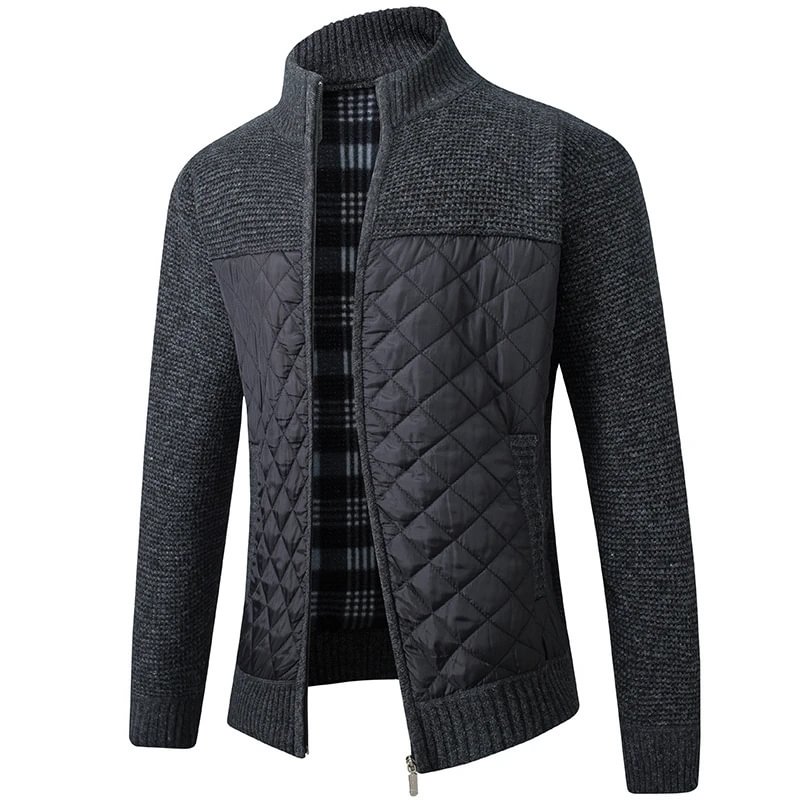 Men's Stand Collar Striped Plaid Zipper Sweater Coat-Corachic
