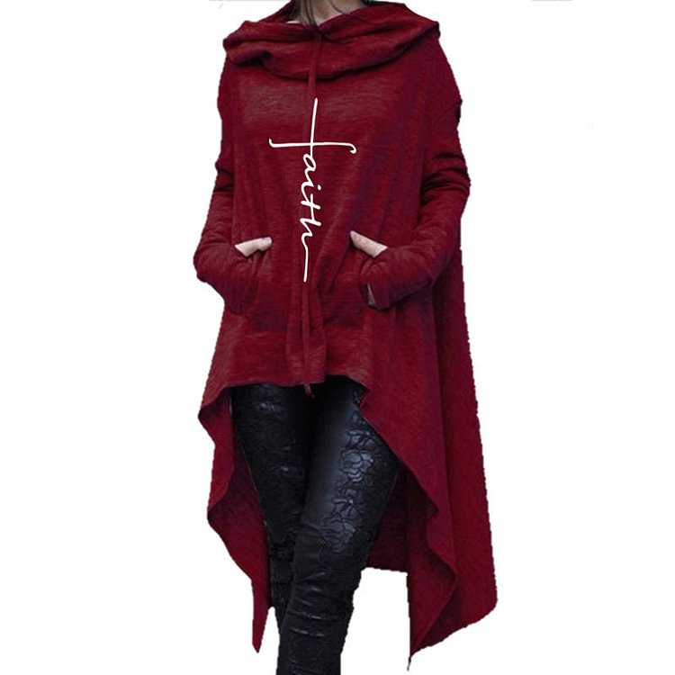 Solid Color Ladies Sweater Irregular Long Cloak with Hood Believe In God