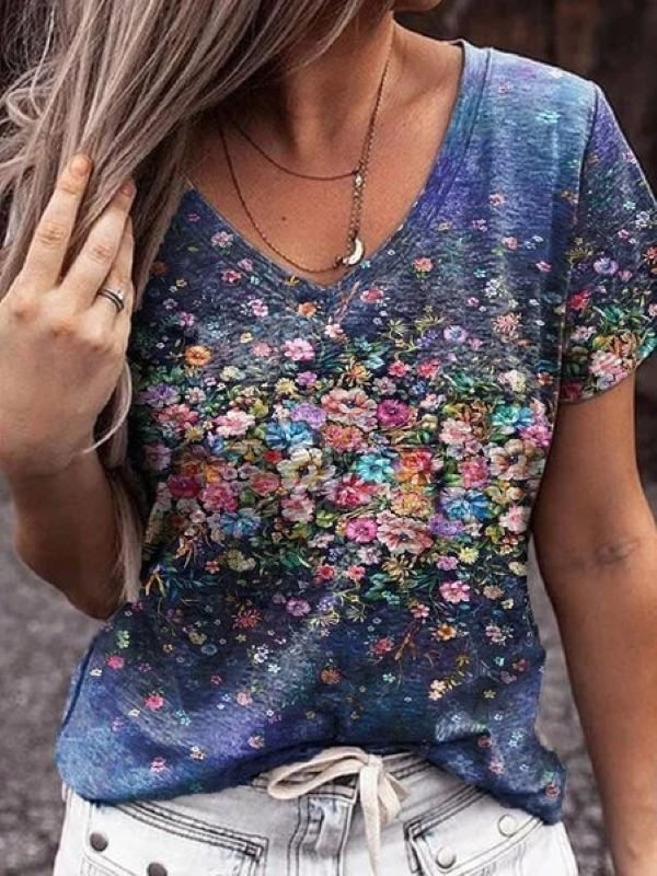 Women's Floral V Neck Floral-Print Short Sleeve Casual Shirts & Tops