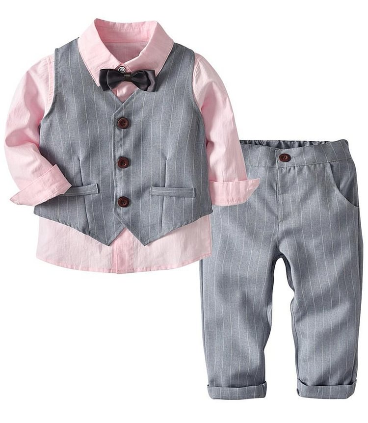 Pink Cotton Shirt Grey Stripe Waistcoat And Trousers Boys Blazer Suit-Mayoulove