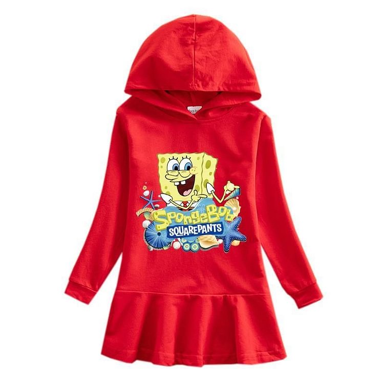 Spongebob Squarepants Print Toddle Girls Hooded Cotton Frill Hem Dress-Mayoulove