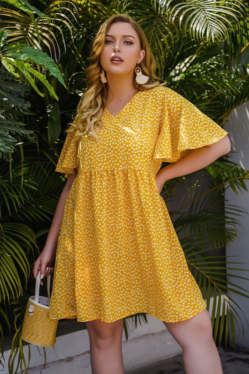 Yellow Floral Print Butterfly-sleeve Mini Dress P16436