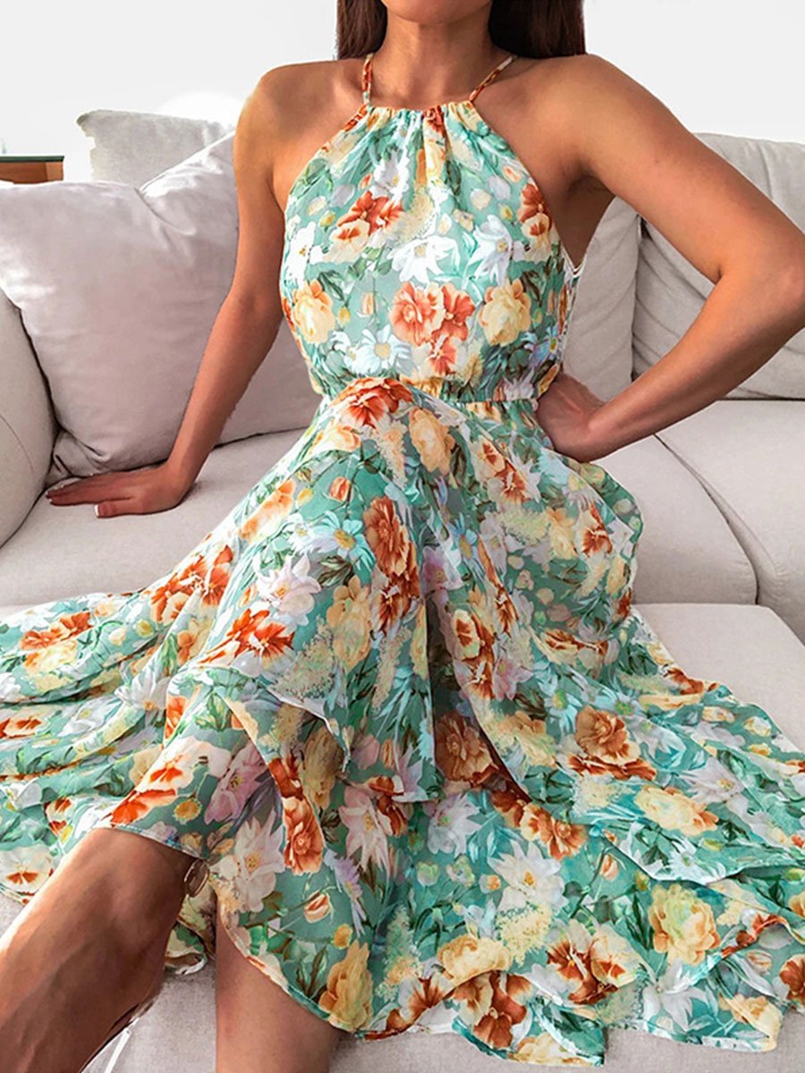 Summer Halterneck Flower Print Maxi Dress P15701