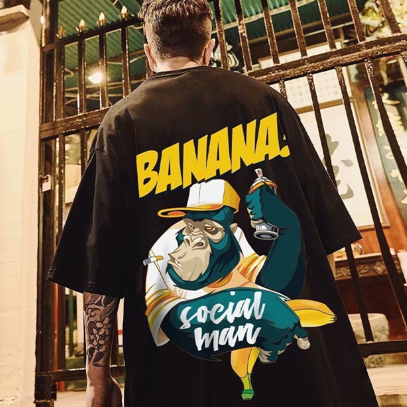 Hip Hop Loose Banana Print Short sleeves Round Neck T-shirts-VESSFUL
