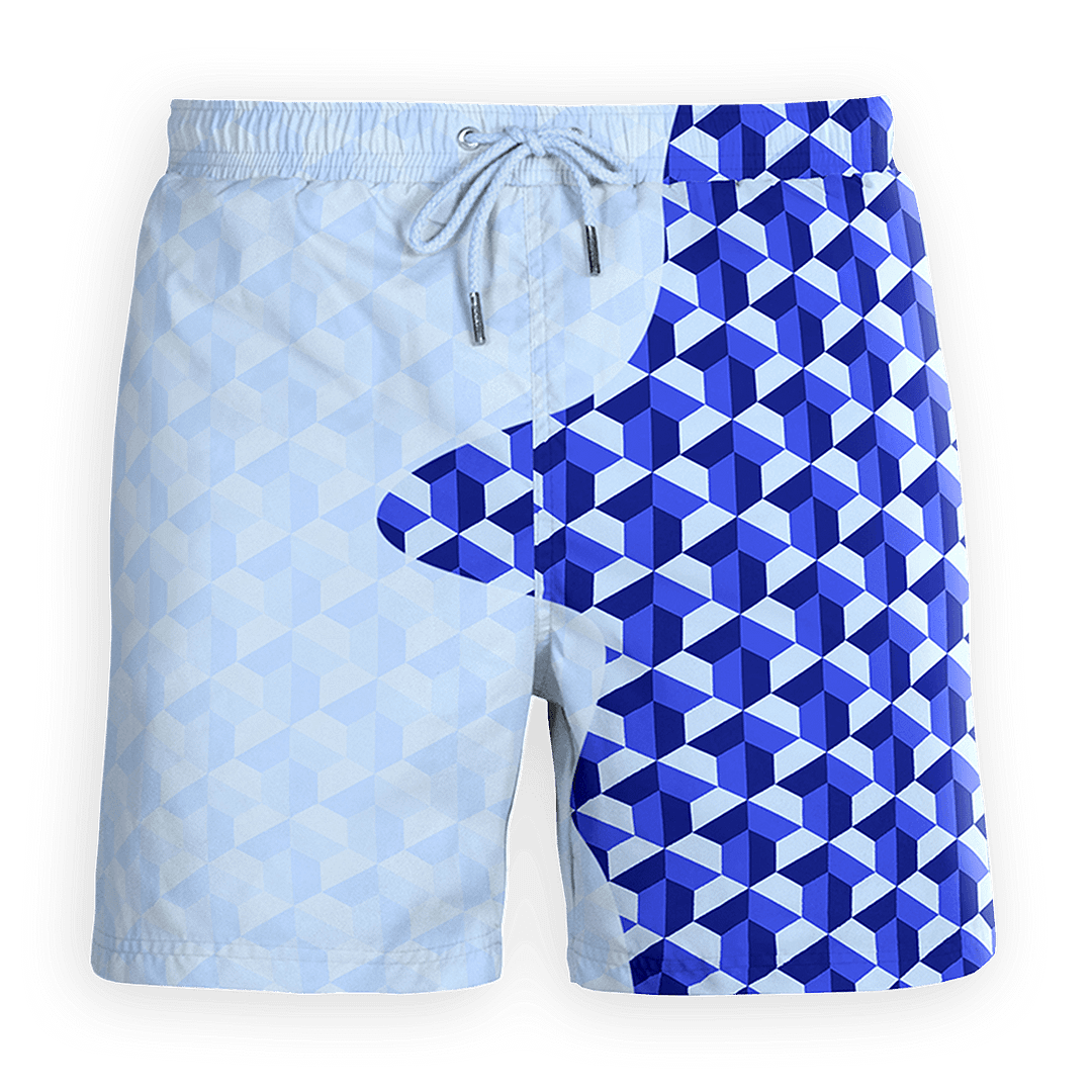 Color Changing Swim Trunks | Blue Geometric