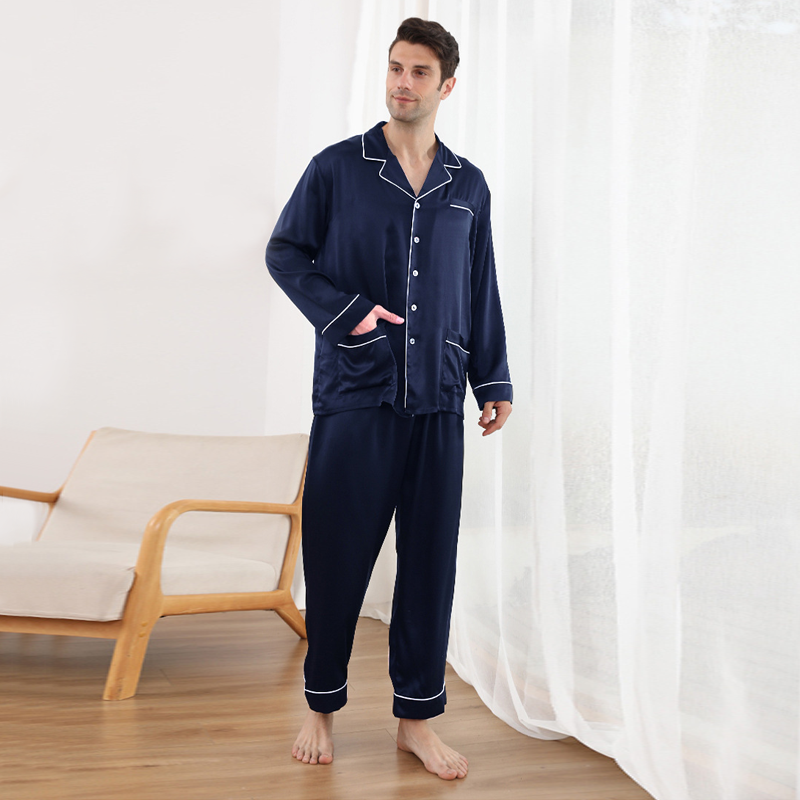 Soie Plus | Pyjama en soie homme classique noir et bleu