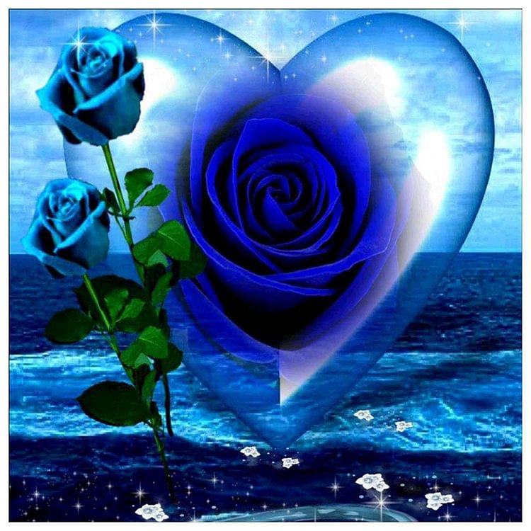 Coeur Rose Bleue - Diamant rond partiel - 30x30cm