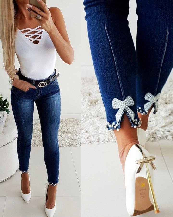 Bow Cuff Skinny Jeans P10340