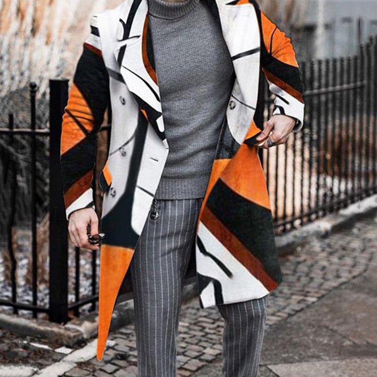 BrosWear Men's Fashion Trend Woolen Long Trench Coat White Orange