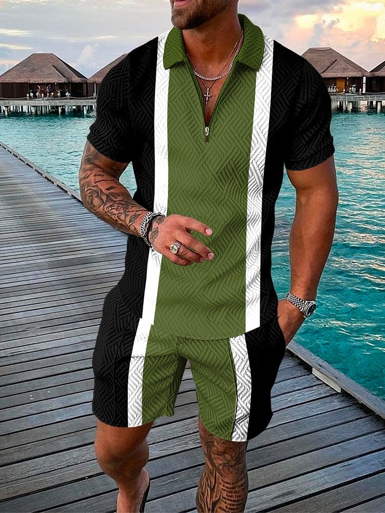 Men's Contrast Print Fashion Texture Polo Suit