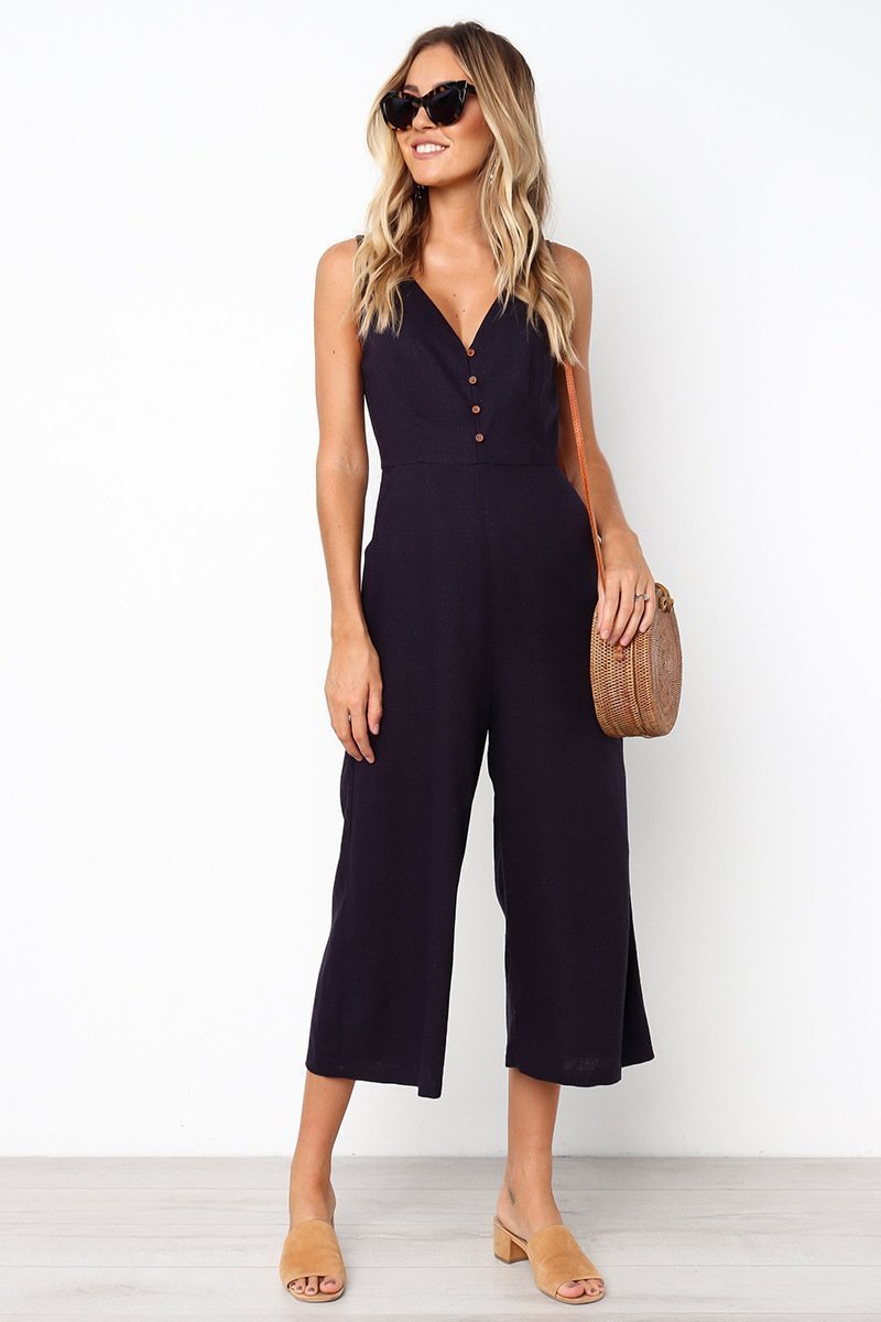 KarliDress Buttons Loose Solid One-piece Jumpsuits P12446