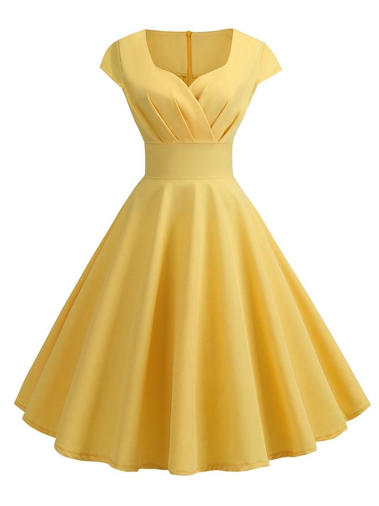 Mayoulove 1950s Dress V-Neck Solid Color Tie Waist Elegant Pleated Swing Dresses-Mayoulove