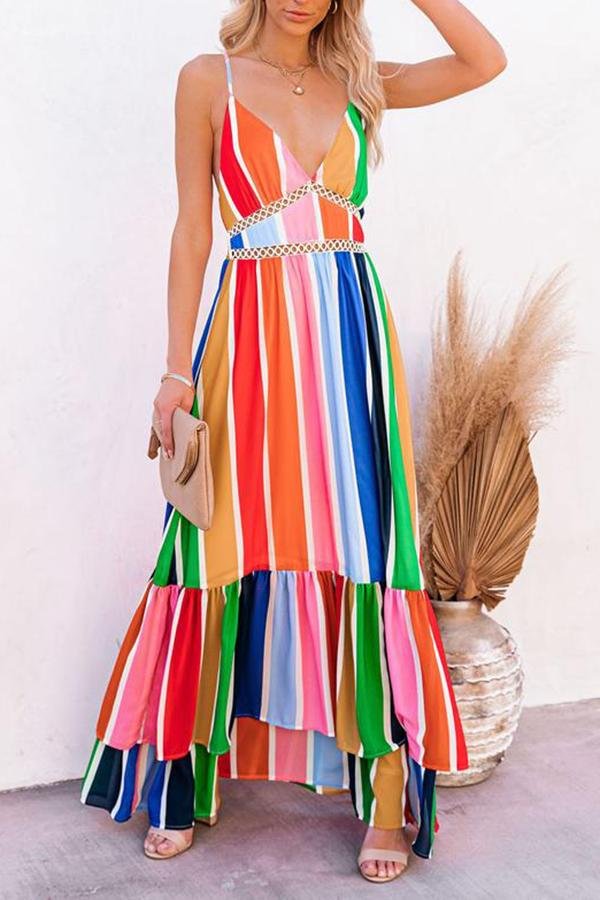 Womens Rainbow Striped Halter Halter Elegant Holiday Dress-Allyzone-Allyzone