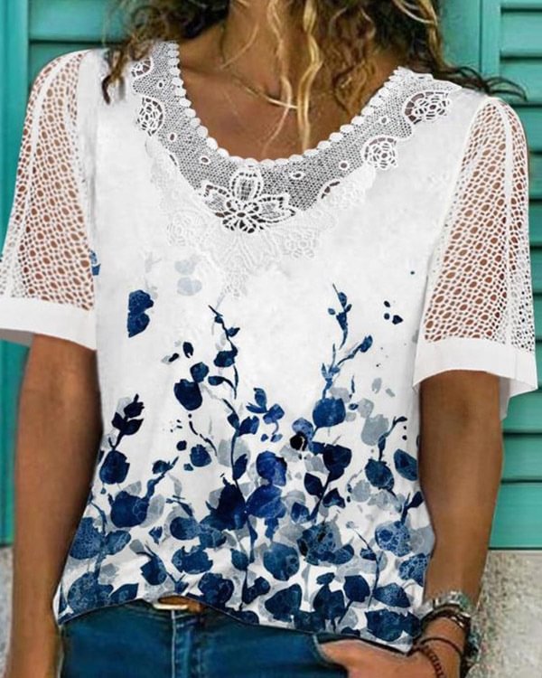Floral Lace Crew Neck Short Sleeve Casual T-Shirt