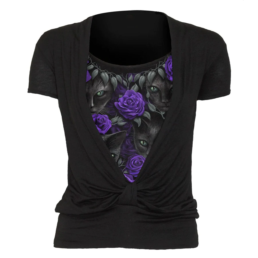 Rose And Cat Short Sleeve Round Neck Women Top